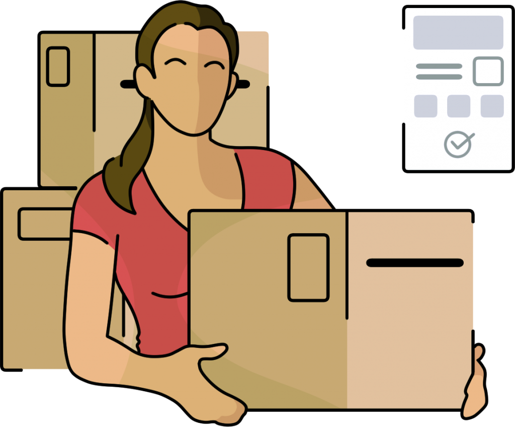 a graphic of a person holding a moving box with a checklist in the background